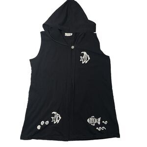Easy Apparel Fish Print Hooded Cardigan Size L Black Beach Swim Cover USA
